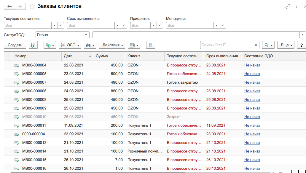Заказы клиентов в 1С