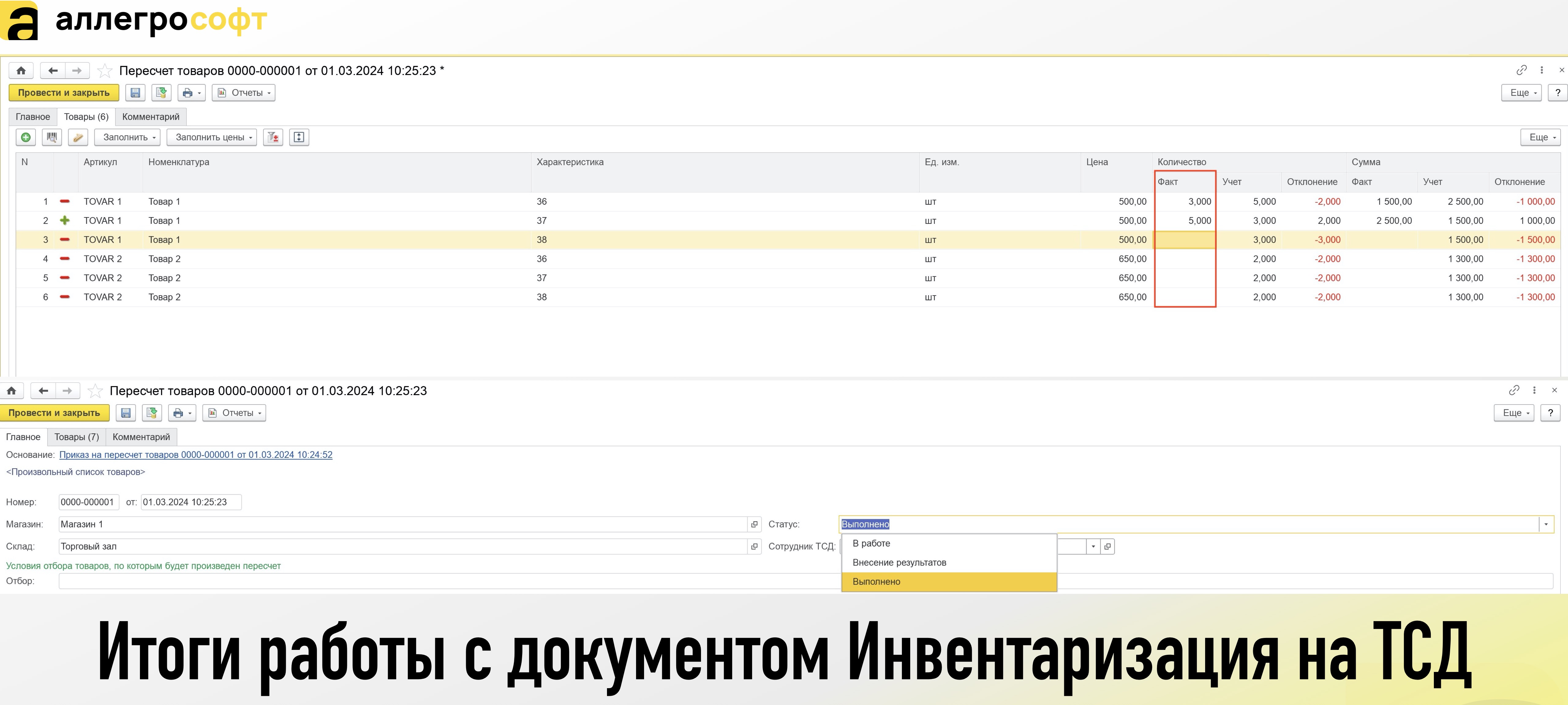 Итоги работы с документом Инвентаризация на ТСД