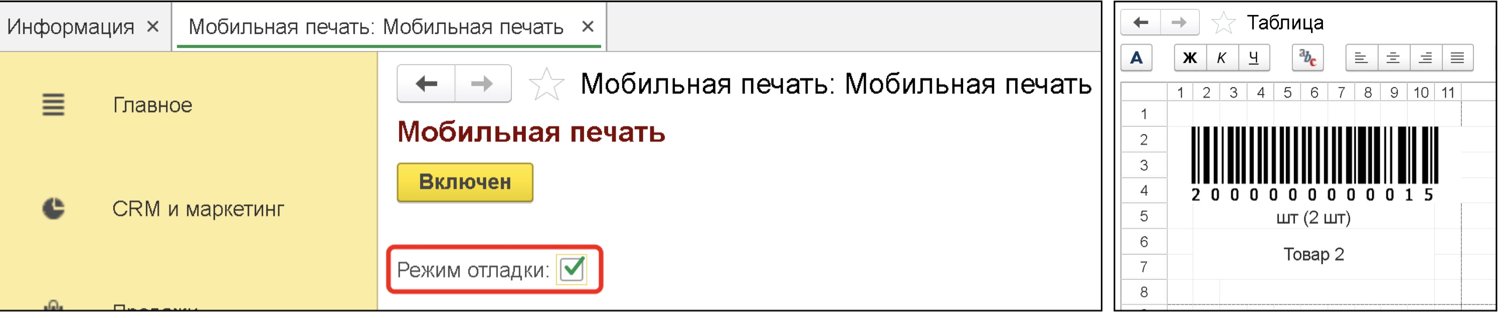 Режим отладки печати с ТСД