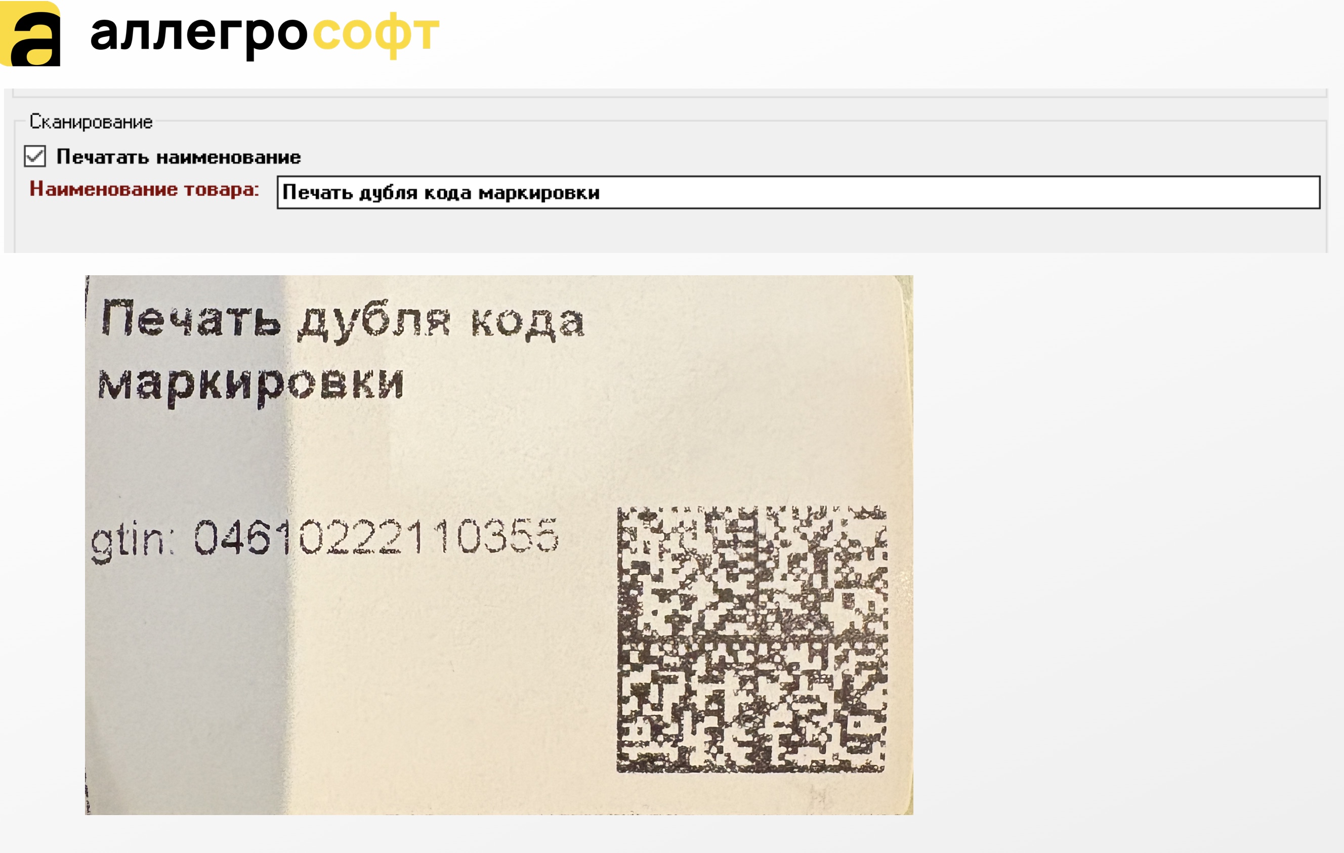 Наименование при печати дубля кода маркировки